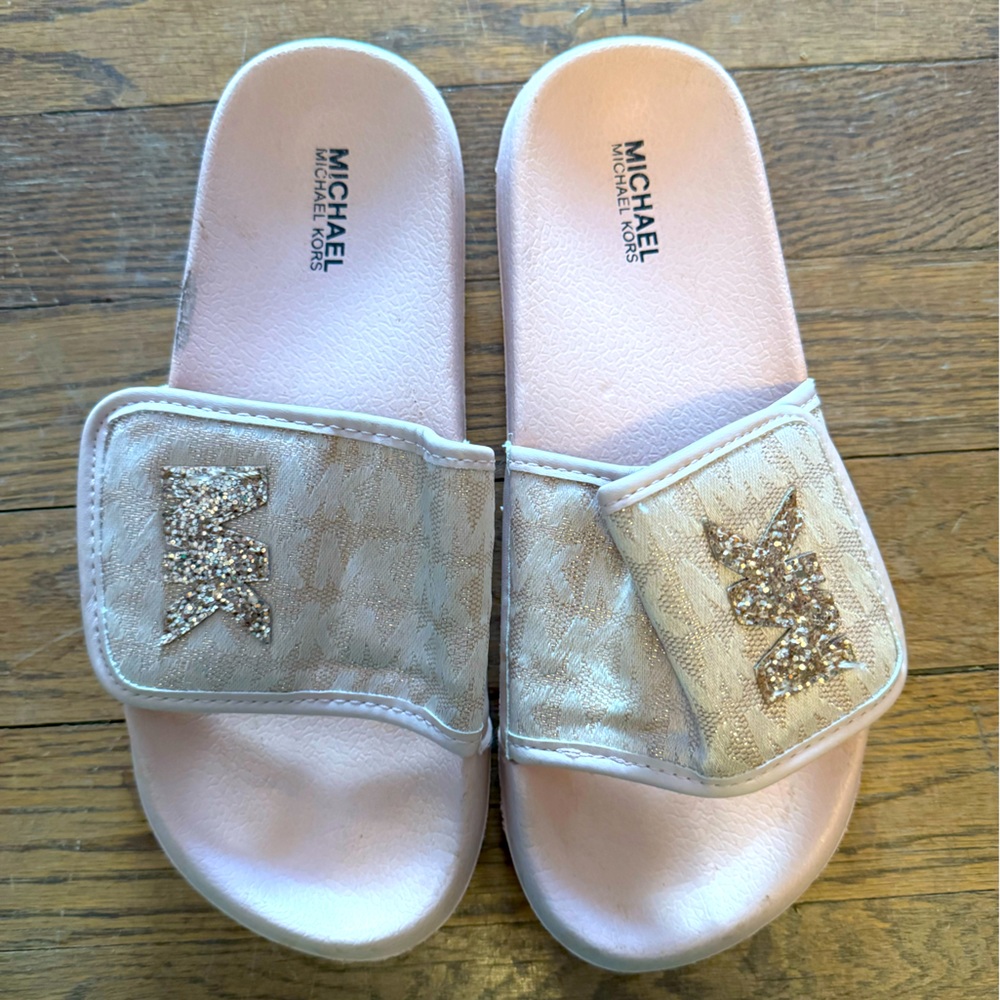 Michael Kors Girls US Size 3 MK Pink Glitter Pool Slide Sequin Sandals